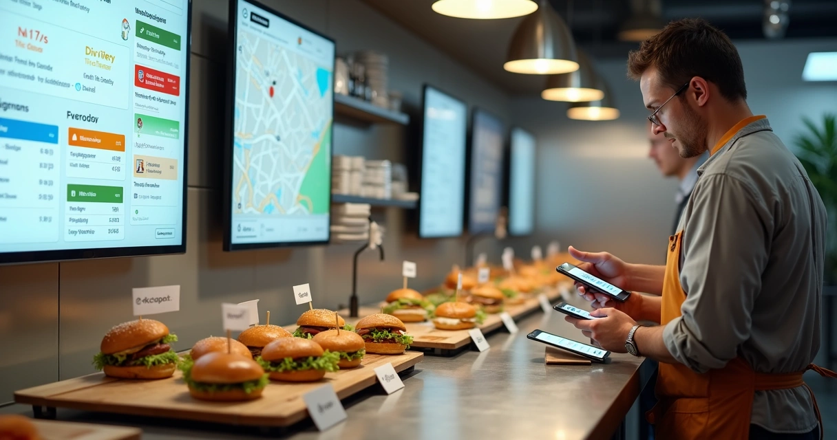 Cozinha de restaurante com painel de cardápio digital integrado ao WhatsApp e entregas 