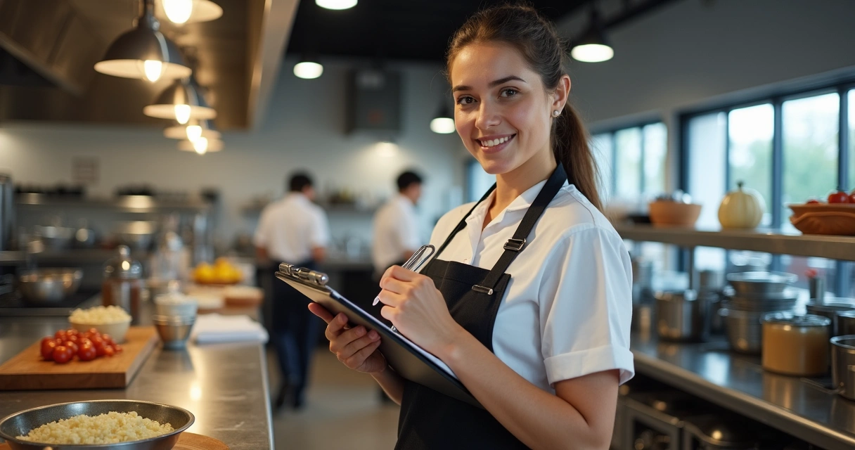 Funcionário preenchendo checklist na cozinha do restaurante 