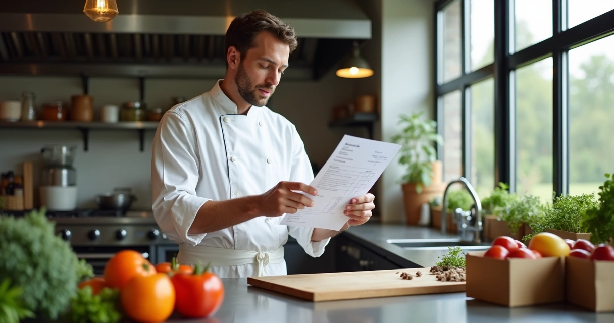 Chef de cozinha analisando nota de compra com fornecedores ao redor 
