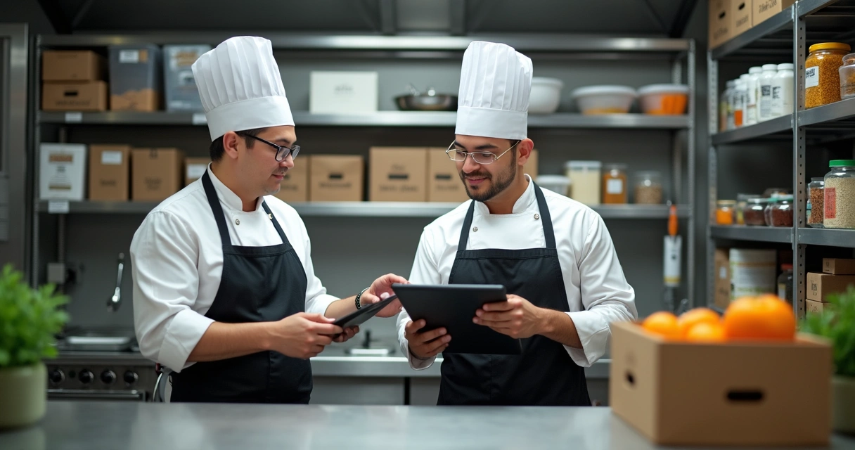 Cozinheiros conferindo e organizando estoque de ingredientes 