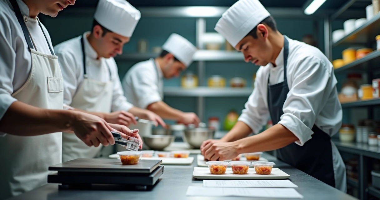 Equipe de restaurante padronizando porções na cozinha 
