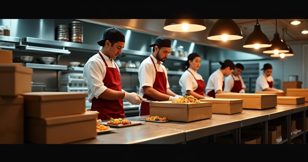 Cozinha de restaurante com equipe preparando pedidos para delivery