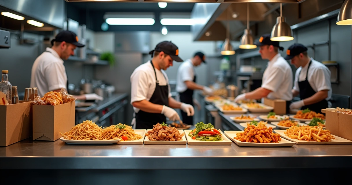Cozinha de restaurante delivery em plena produção 