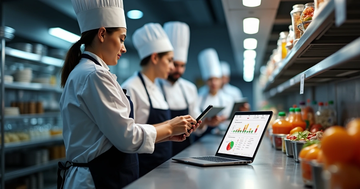 Equipe em cozinha de restaurante utilizando sistema digital de controle de estoque 