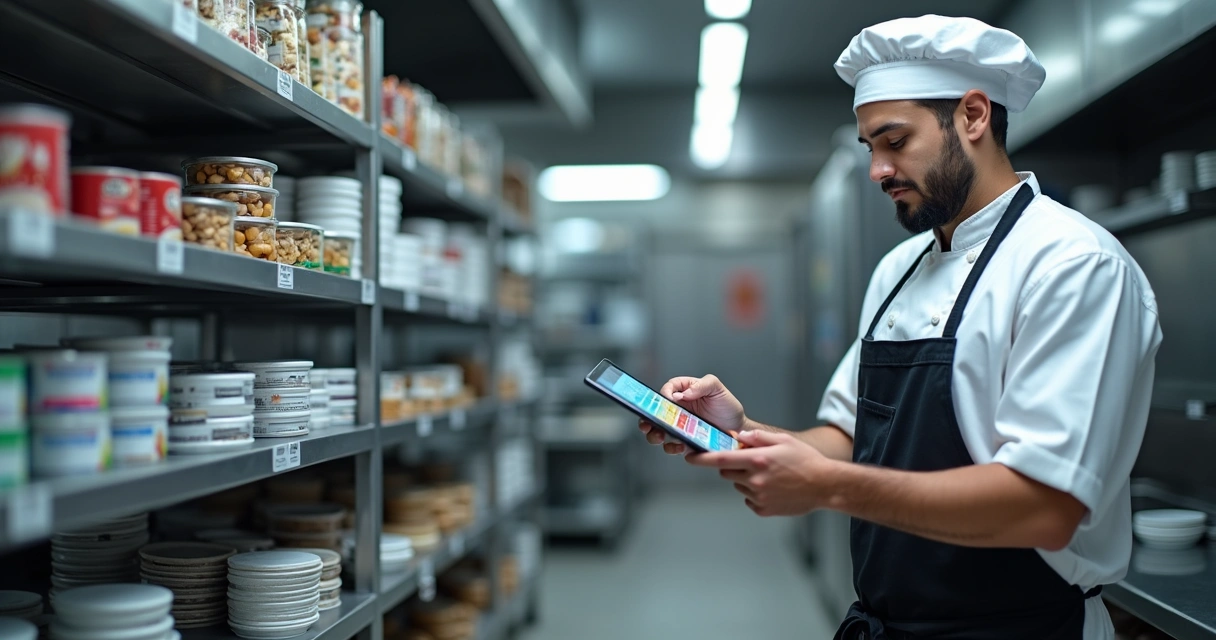 Tela de sistema mostrando estoque automatizado ao lado de um chef em uma cozinha 