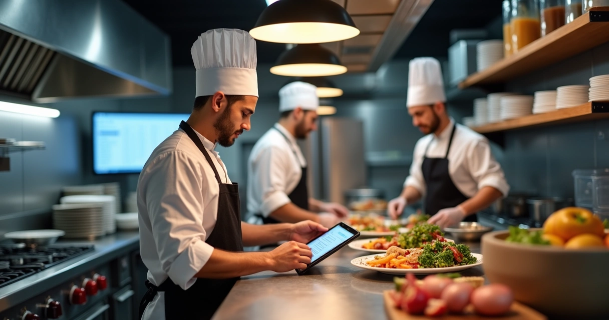 Equipe trabalhando em uma cozinha de restaurante moderna 