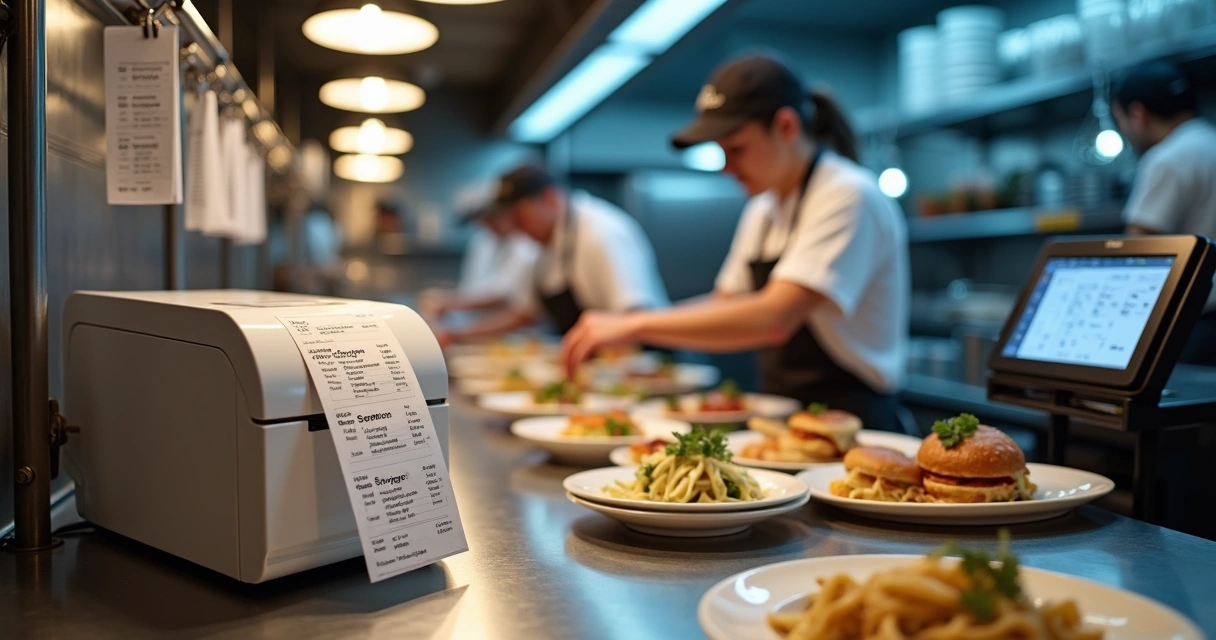 Impressora de pedidos funcionando na cozinha profissional de restaurante 