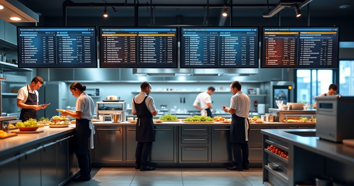 Cozinha de restaurante moderna com telas digitais e equipe trabalhando 