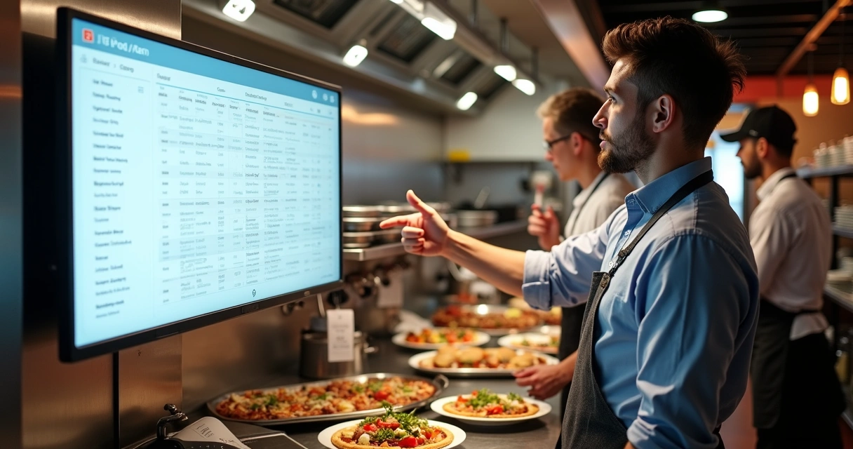 Gestor de restaurante na cozinha monitorando pedidos do iFood em tela grande 