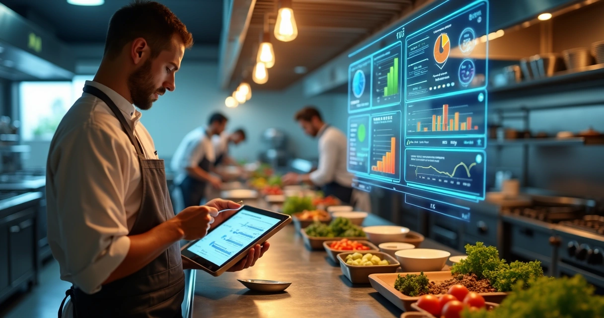 Chef em cozinha profissional usando tablet com gráficos de inteligência artificial sobre ingredientes frescos 