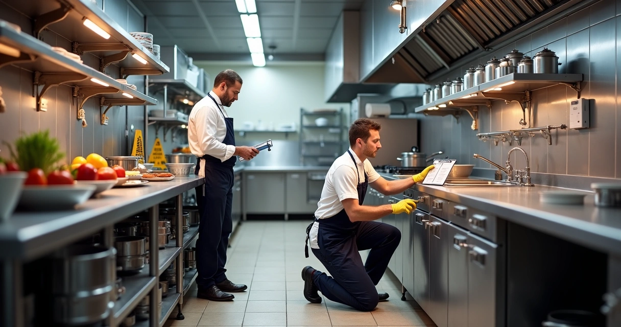 Técnico a inspecionar canalização na cozinha de restaurante profissional 