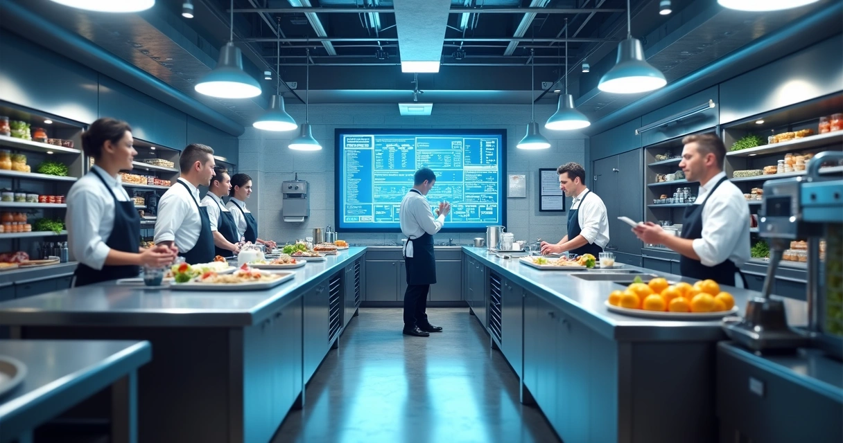 Cozinha de restaurante moderno com equipe e sistema digital ao fundo 
