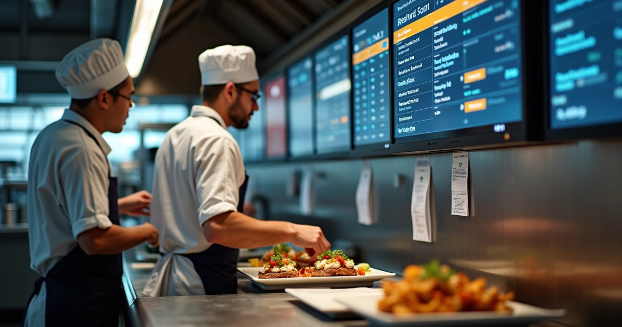 Equipe de cozinha usando monitor para pedidos 