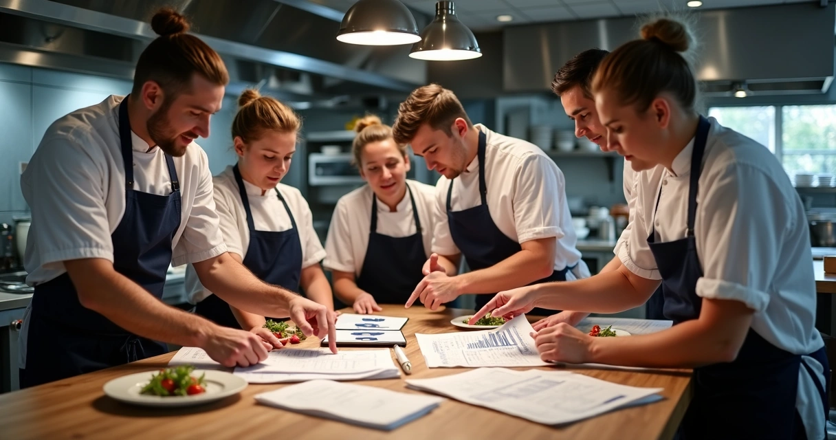Equipe monitorando CMV em cozinha de restaurante 
