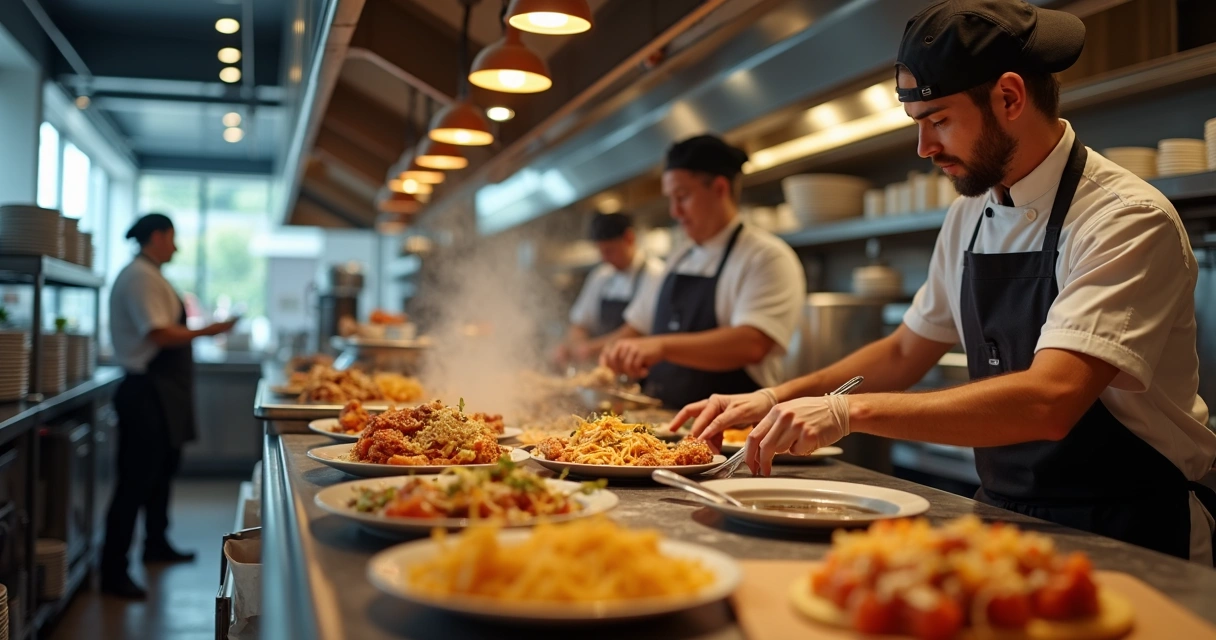 Equipe de cozinha preparando diversos tipos de pratos e embalagens de marcas diferentes 