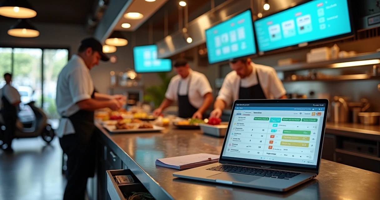 Cozinha de restaurante profissional com telas exibindo pedidos organizados 