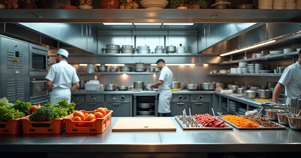Cozinha profissional organizada com bancada limpa e equipamentos alinhados 