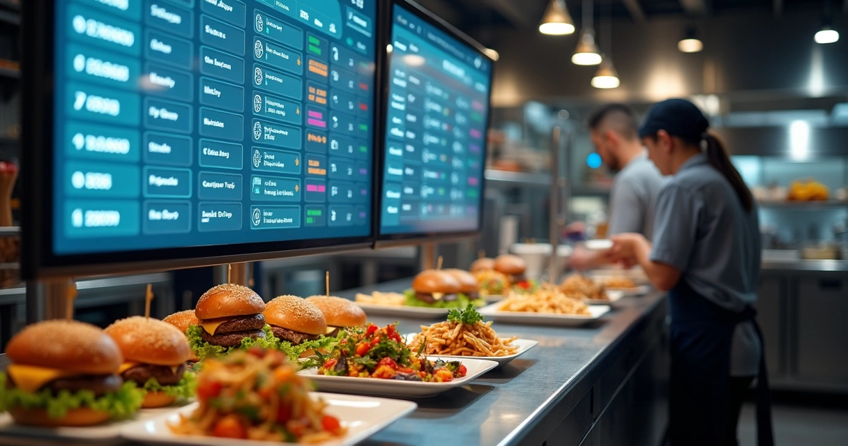 Cozinha de restaurante com painéis digitais mostrando pedidos organizados 