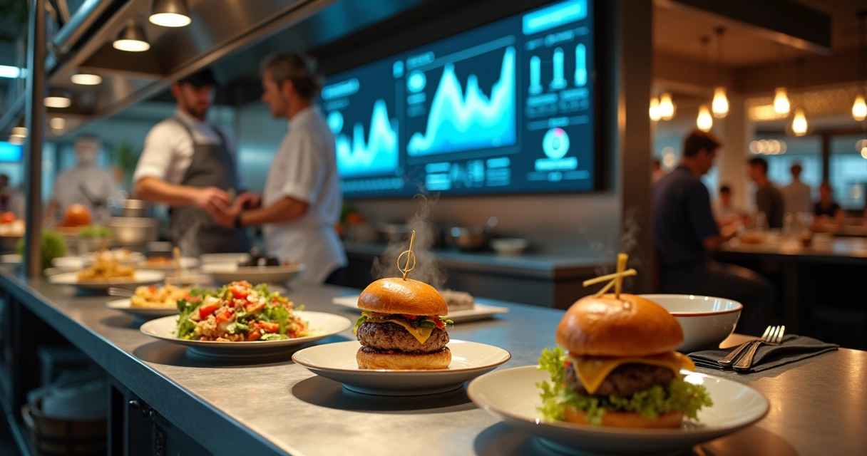 Cozinha de restaurante moderna com painel digital de gestão na parede 