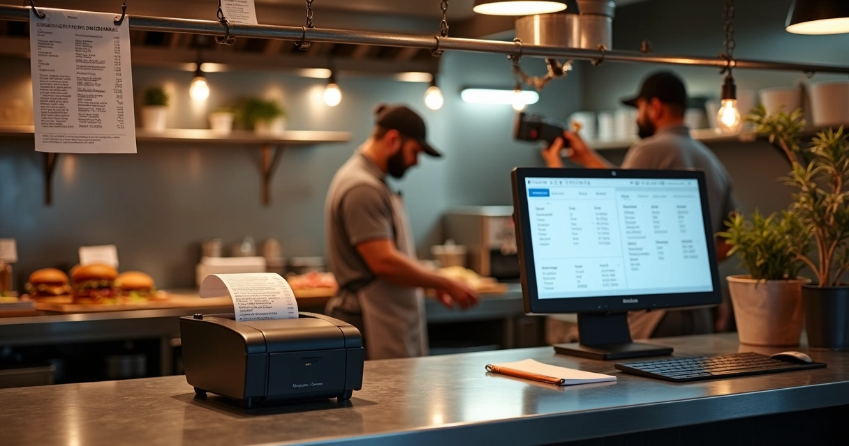 Cozinha de restaurante pequena com impressora liberando pedidos digitais 