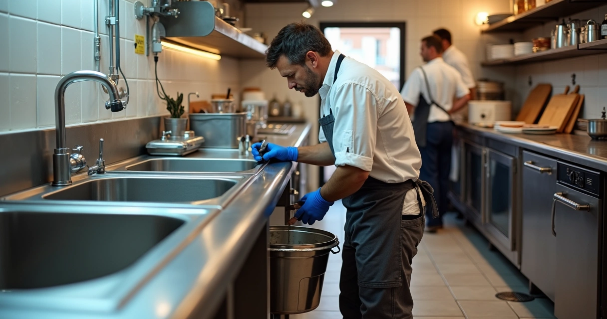 Canalizador verifica lavatório industrial em cozinha de restaurante limpa 