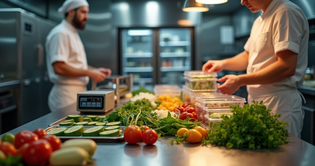 Chefe aproveitando ao máximo ingredientes em cozinha profissional organizada 