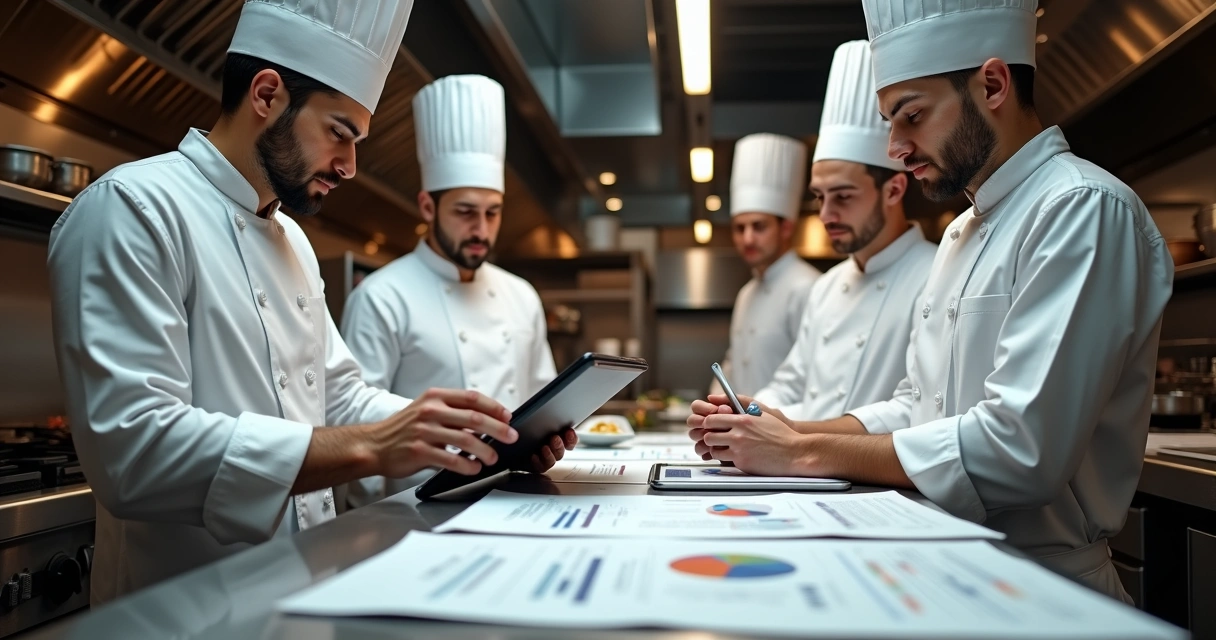 Equipe de cozinha analisando relatório em bancada de restaurante 