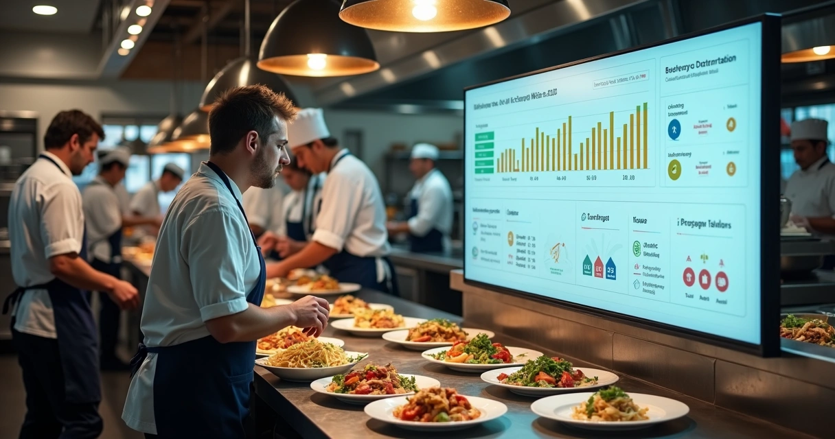 Equipe em cozinha profissional acompanhando painel de dados em tempo real 