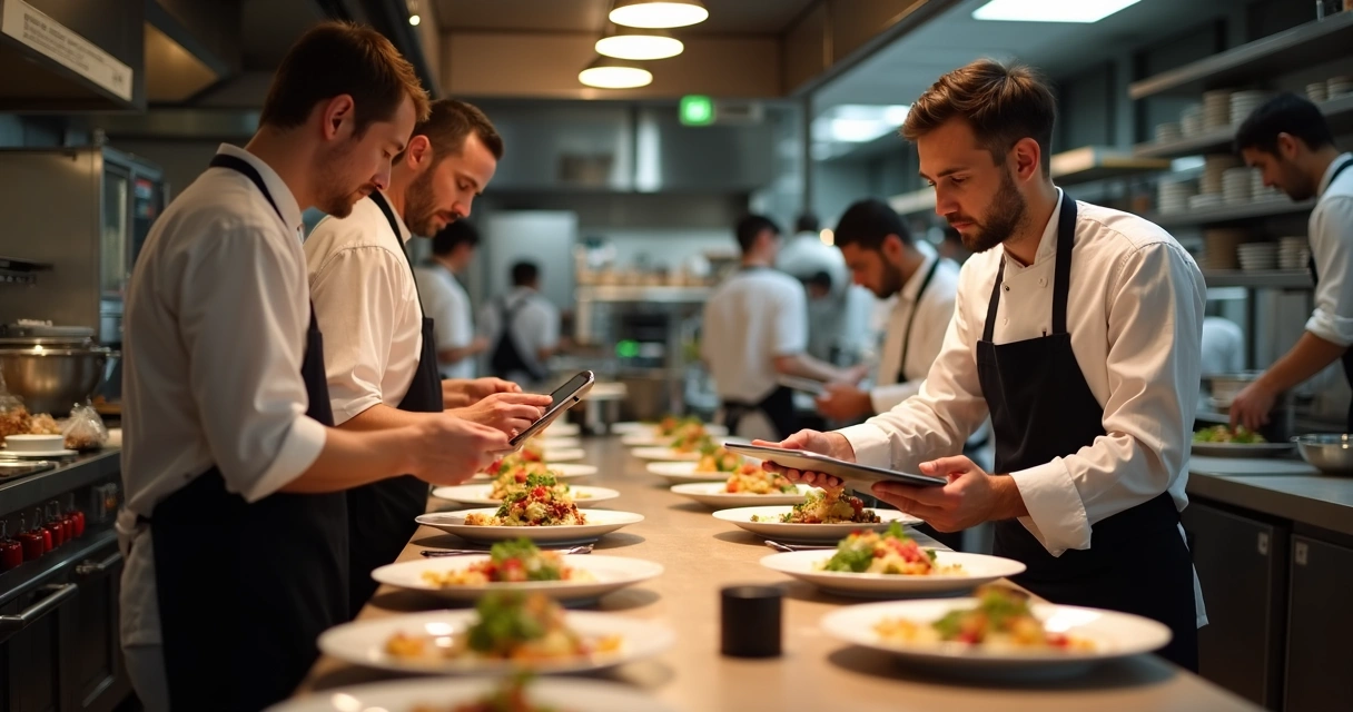 Equipe de cozinha e salão alinhando pedidos em restaurante 