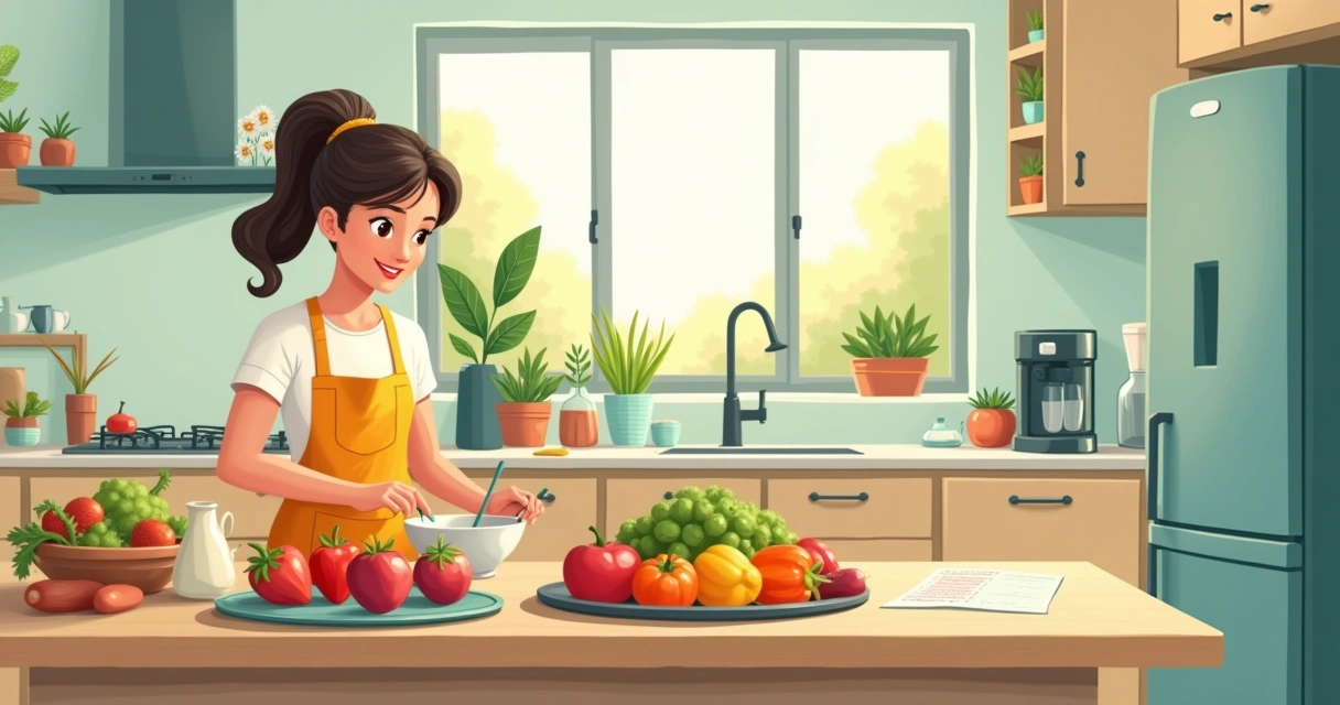 Cozinha com frutas e vegetais frescos, pessoa preparando refeição saudável, ambiente iluminado e acolhedor.