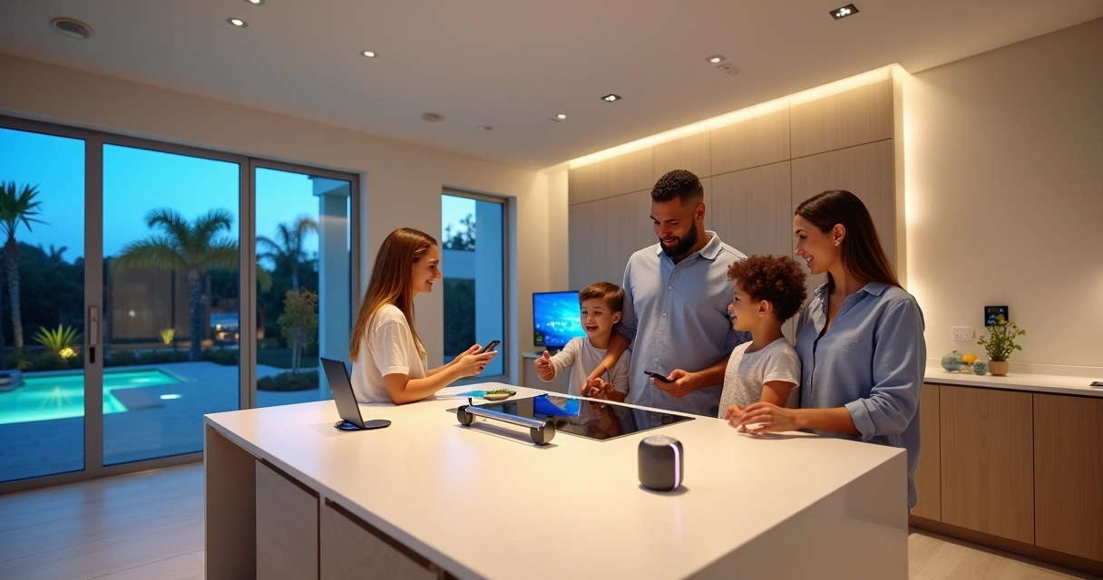 Cozinha smart moderna em casa de temporada em Orlando com família usando tecnologia integrada 