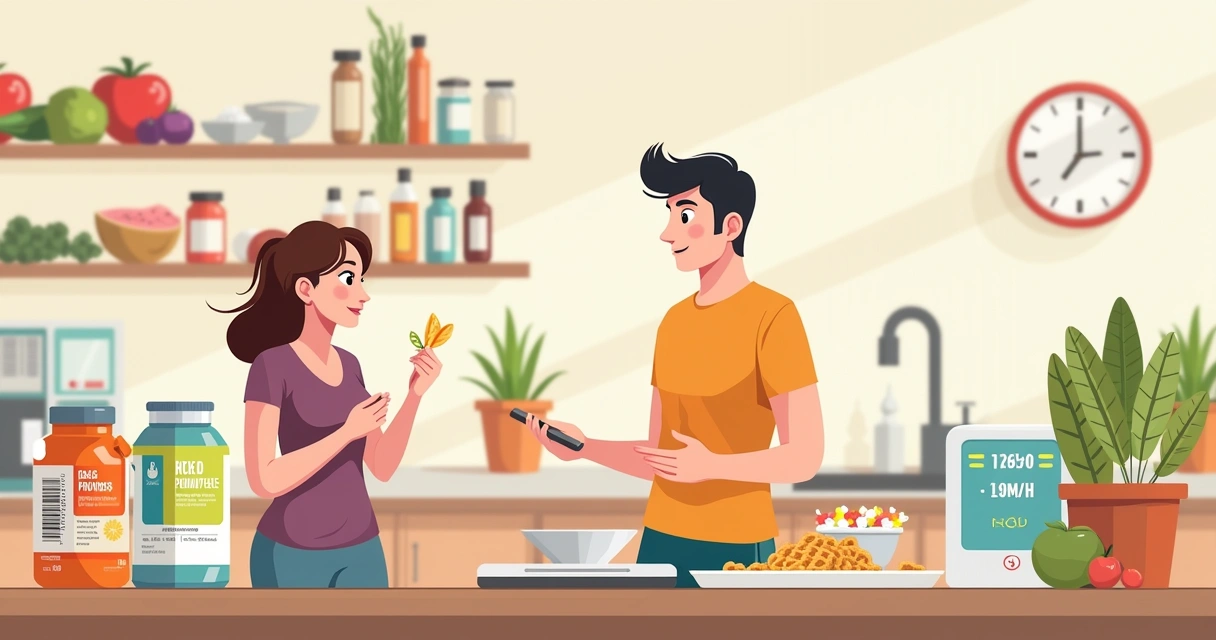 Cozinha iluminada com suplementos organizados, um rótulo visível e um peso digital mostrando dosagens.