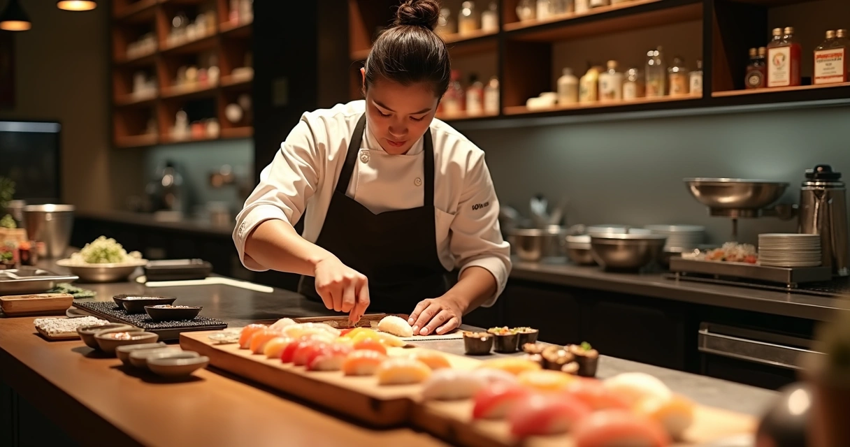 Cozinheiro preparando sushi em uma cozinha profissional 