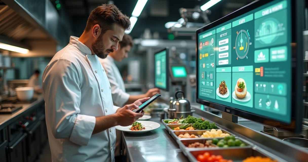 Chef usando tablet em cozinha profissional com telas digitais e indicadores de estoque 