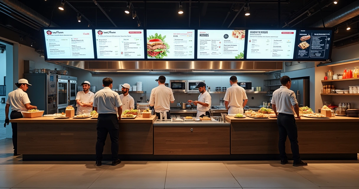 Cozinha profissional equipada com tecnologia digital e múltiplas estações de preparo 