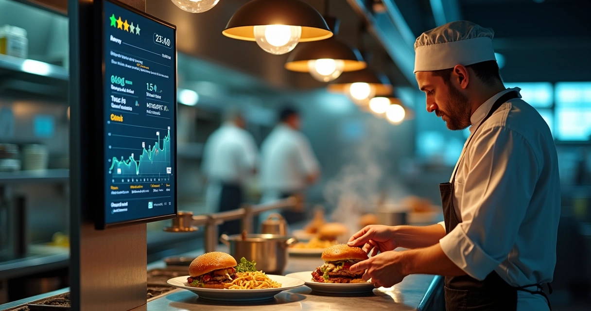 Chef em cozinha de delivery observando cronômetros e avaliações em tela 