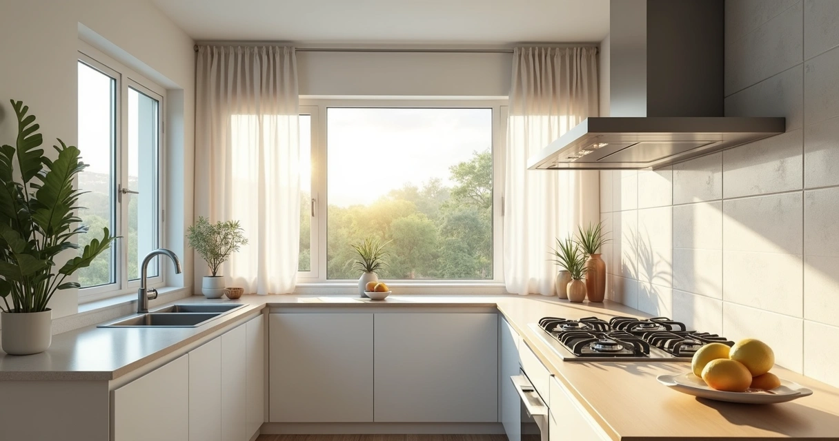 Cozinha moderna com janelas abertas para ventilação 