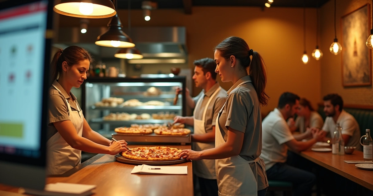 Atendente em balcão de pizzaria organizada ao lado de cozinha com pedidos digitais na tela 