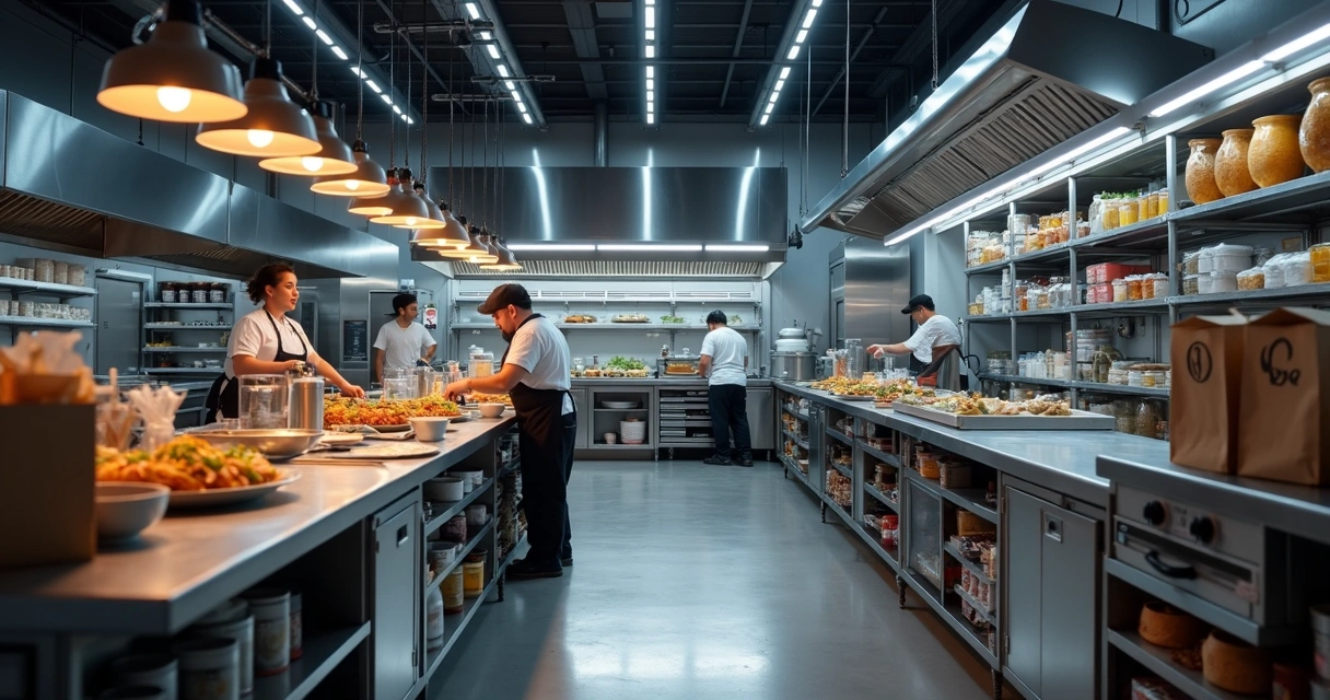 Cozinha industrial otimizada com equipamentos e funcionários. 