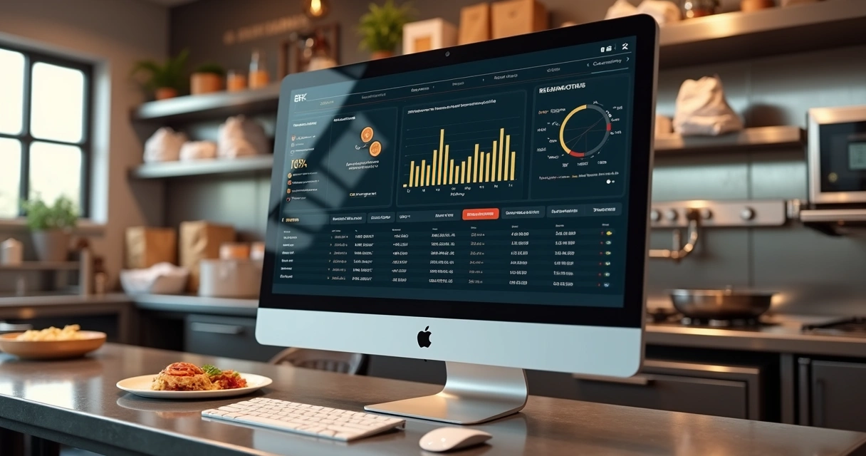 Computador exibindo gráficos de métricas de delivery em cozinha de restaurante 