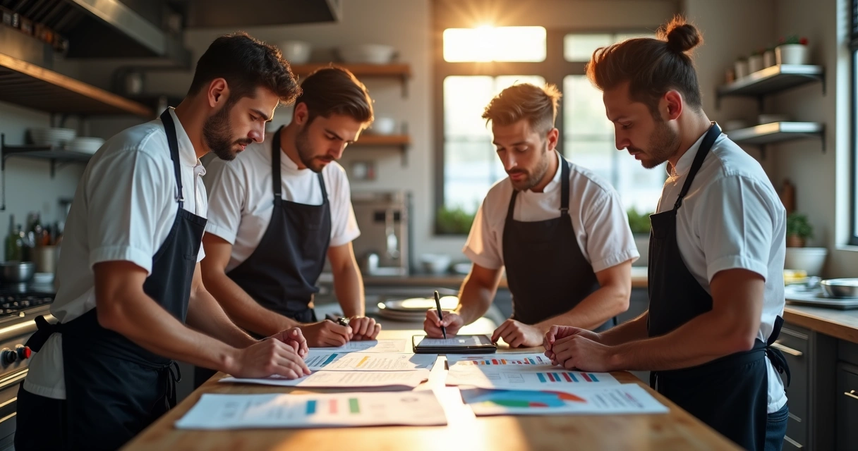 Equipe de cozinha do restaurante em reunião para gestão financeira 