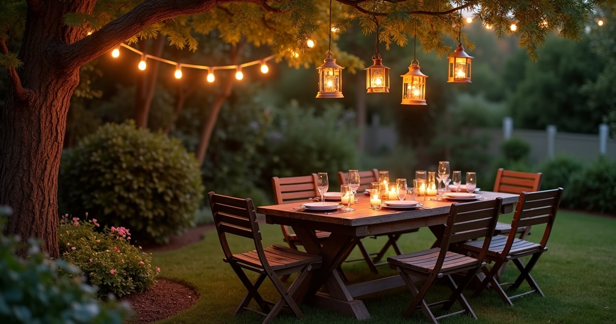 Cozy backyard dining with lanterns and candles 