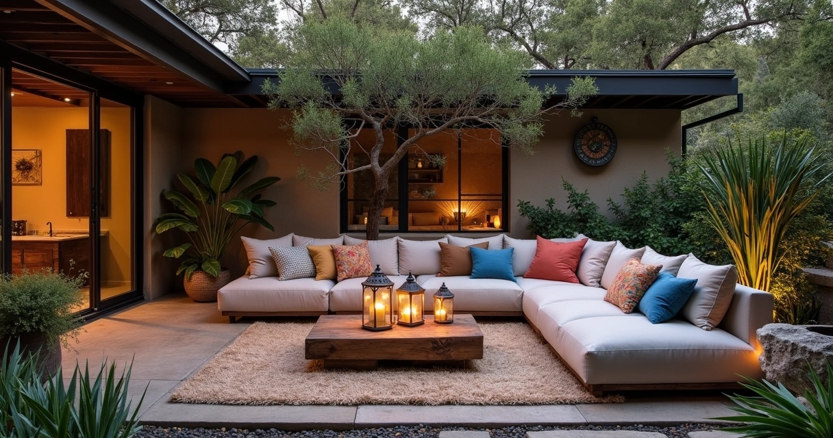 Plush outdoor lounge with pillows and natural textures 