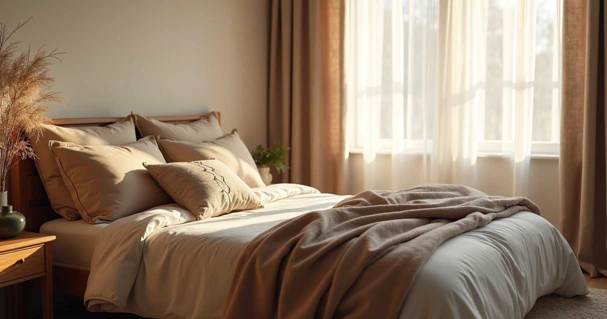 Neatly made bed with cozy blankets in soft morning light 