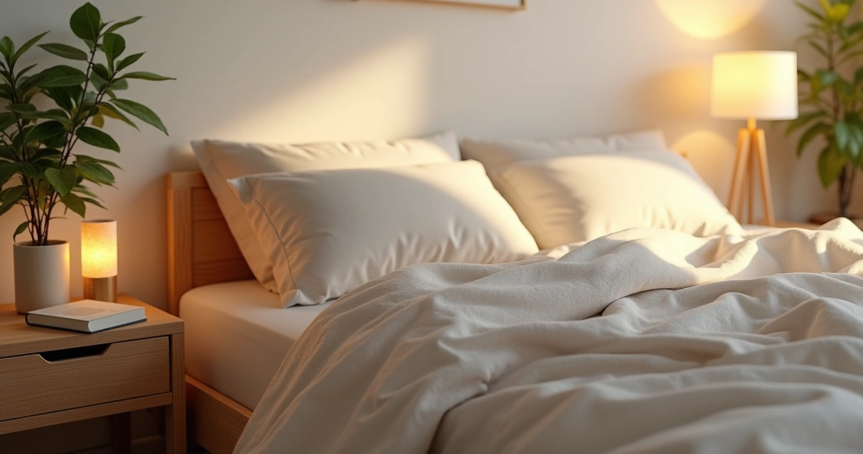 Softly lit bedroom, tidy bed, calming colors, nightstand with lamp.