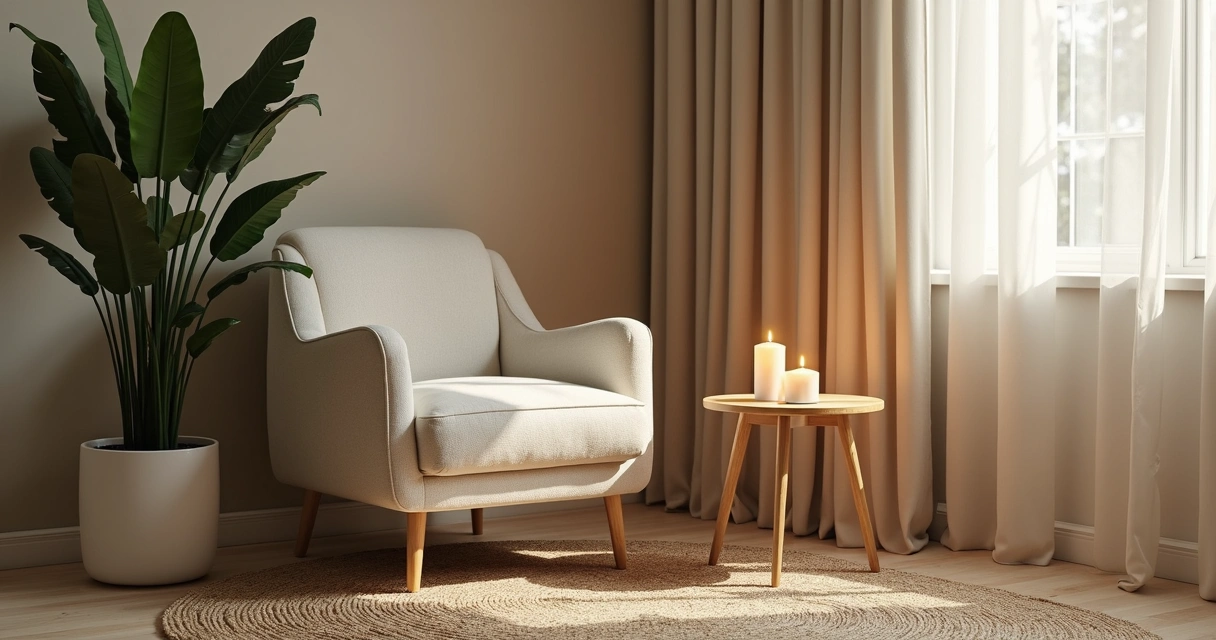 Calm corner with chair, plant and candle