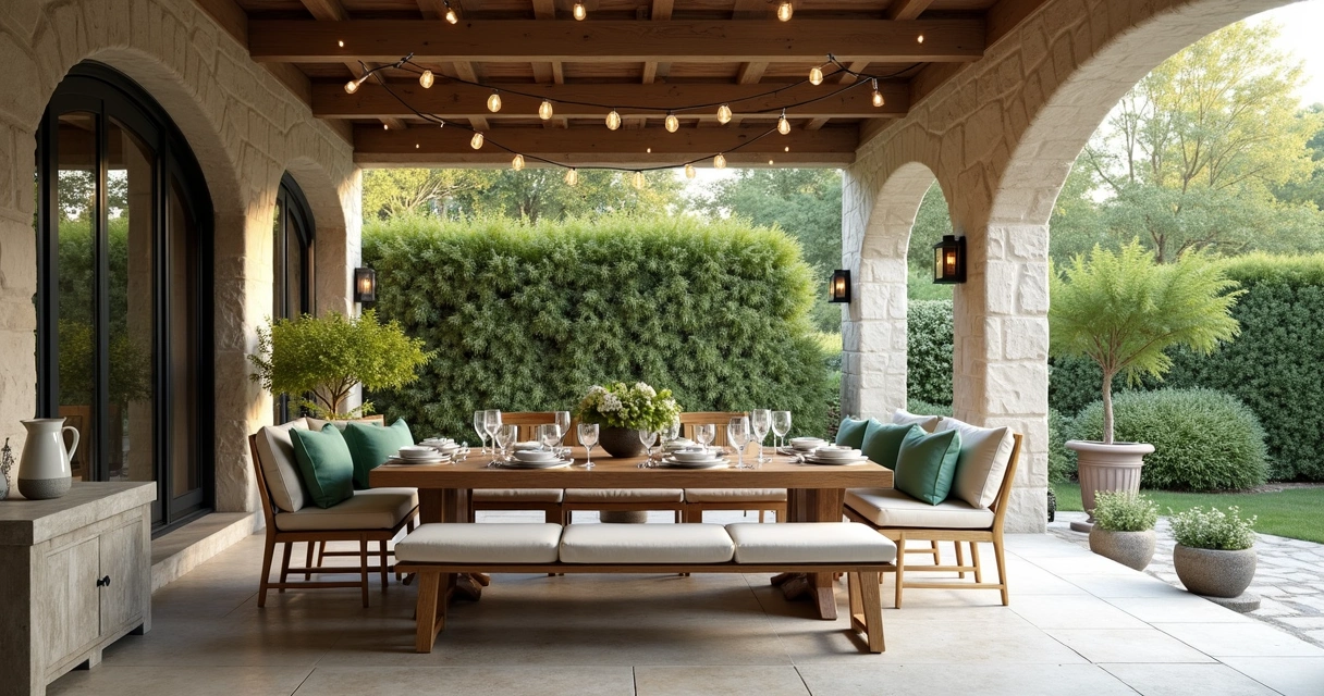 Comfortable outdoor dining table with cushioned chairs and bench seating 