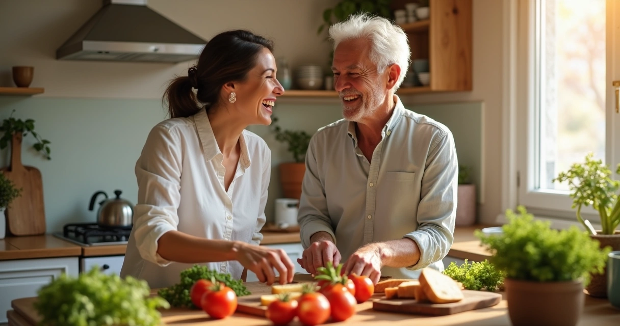 Two people of the same gender preparing food in a cozy kitchen 