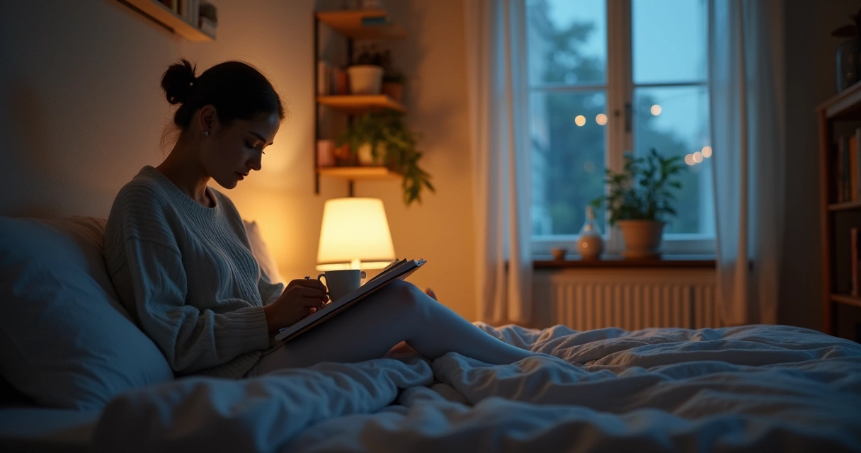 Person journaling on bed with cup of tea during night routine 