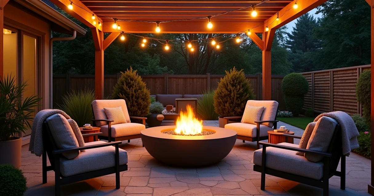 Cozy patio at night with fire pit and string lights